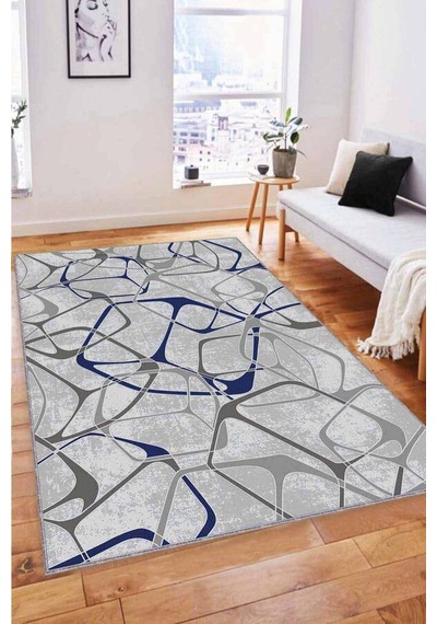 Lacivert Geometrik Kaymaz Tabanlı Dekoratif Halı Lk003n11