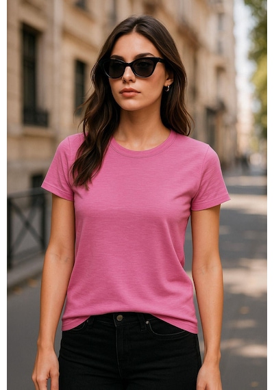 Kadın %100 Organik Pamuklu Relaxed Yıkamalı T-shirt Bisiklet Yaka Kısa Kollu Kadın Basic Tişört Fuşya
