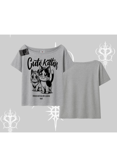 Tarzsokak Cute Kitten Yazılı Sevimli Kedi Baskılı Kayık Yaka Tshirt Gri
