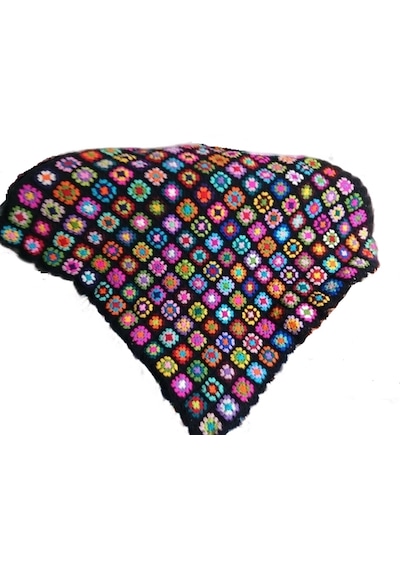 El Örgüsü Etnik Otantik Motifli Siyah Koltuk Şalı 100 Cm X 100 Cm Siyah - Çok Renkli