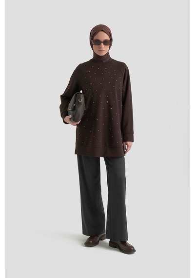 Armine Trend Önü Taş İşlemeli Tunik Kahverengi 25kt449