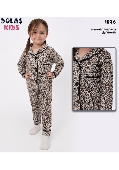 Dolaş Kids Anne Ve Kız Çocuk Ve Bebek Leopar Desenli Boydan Düğmeli Pijama Takımı Kahverengi