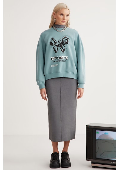Grımelange Raketı Kadın Içi Polarlı Yumuşacık Bisiklet Yaka Biye Ve Parça Baskılı Relaxed Yeşil Sweatshirt