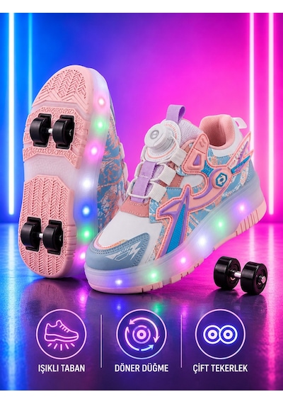 Muggo Pato Çocuk Işıklı Patenli Tekerlekli Sneaker Spor Ayakkabı Pudra
