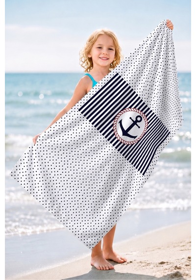 Çapa Marine Çizgili Plaj Havlusu - Lacivert Beyaz Nautical Stil Hızlı Kuruyan Mikrofiber Havlu Örtü Çok Renkli