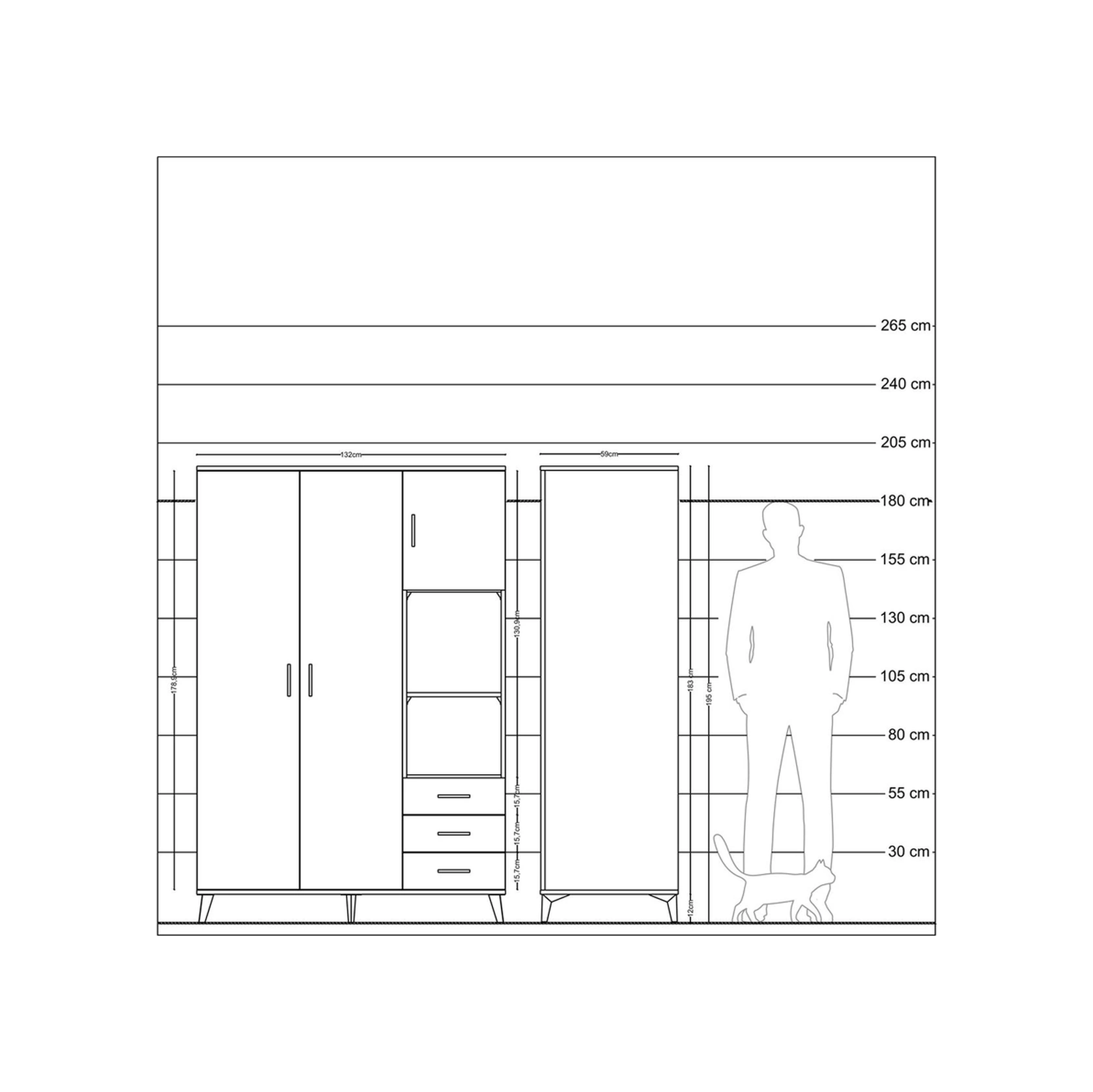 Kronos Dolap 5 Raflı 3 Çekmeceli Tek Askılı 132x59x195 Çam-ça... Çam
