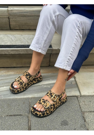 Erva'nın Butiği Leopar Jenny Gold Toka Detay Kadın Sandalet-5742