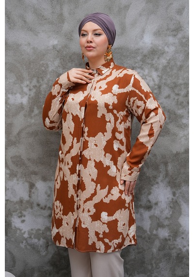 Polologin Butik Hakim Yaka Kahverengi Uzun Tunik Kahverengi Bej