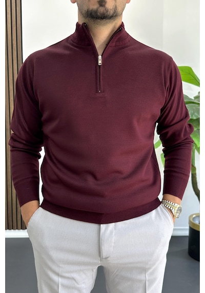 Edwox Erkek Yarım Fermuarlı Normal Kalıp Kazak Bordo Edw411 Bordo