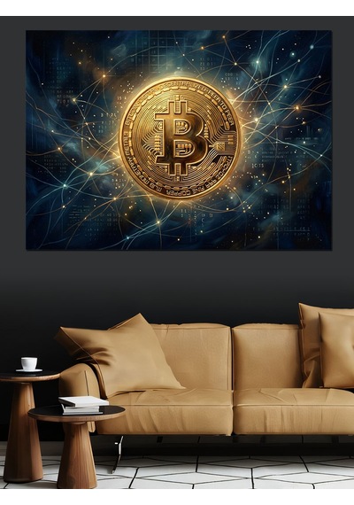 Galaksi İçinde Altın Bitcoin Logosu Dekoratif Kanvas - Mdf Ahşap Tablo