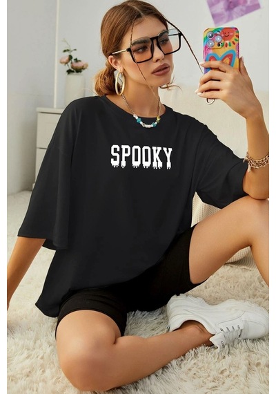 Unisex Spooky Baskılı T-shirt Siyah