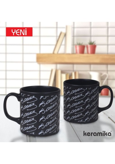 Keramika Kupa Silindirik 10 Cm Mat Siyah Kemal Ataturk Imza