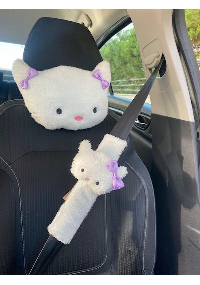Hello Kitty Kedi Araba Boyun Yastığı Ve Emniyet Kemeri Peluş Kılıf Seti 1 Yastık Ve 1 Kılıf Diğer