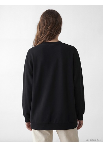 Lcw Modest Siyah Soft Touch Gül Aplikeli Kadın Sweatshirt Tunik