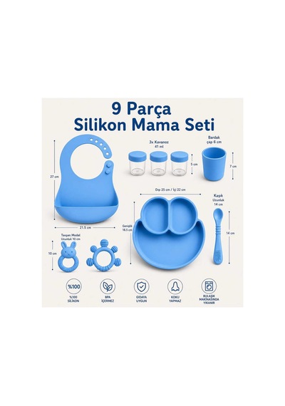9 Parça Mama Seti %100 Silikon Bpa İçermez Ek Gıdaya Uygun Mavi