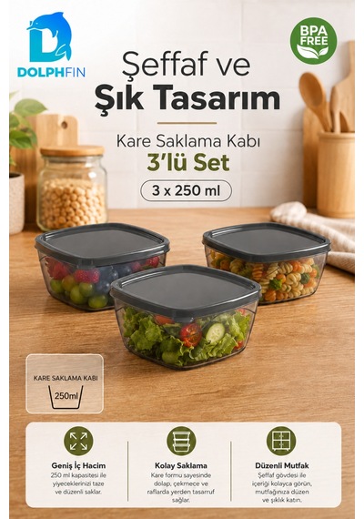 3 Lü Kare Saklama Kabı Seti 3x250 Ml Füme Şeffaf Siyah Kapaklı Bpa İçermez