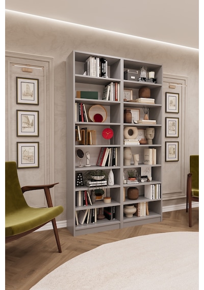 Asra Trend K-11 %100 MDF 120 cm 2 Modüllü Kitaplık 14 Raflı Ofis Dosya Dolabı Kül Gri