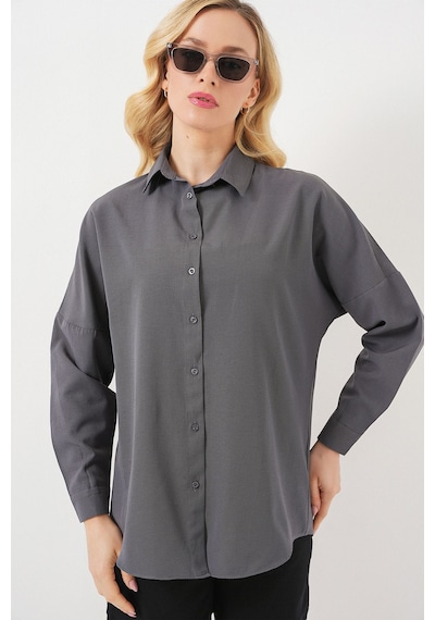 Hiccup Bdart Oversize Uzun Kollu Poplin Gömlek Gri