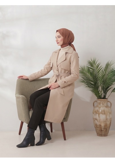 B.he.z Kruvaze Yaka Bondik Su İtici Kumaş Astarlı Trend Model Diz Altı Trençkot Taş