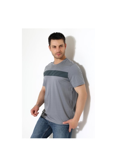 Erkek İki Renk Parçalı Bisiklet Yaka T-shirt - Pamuklu Tişört Gri