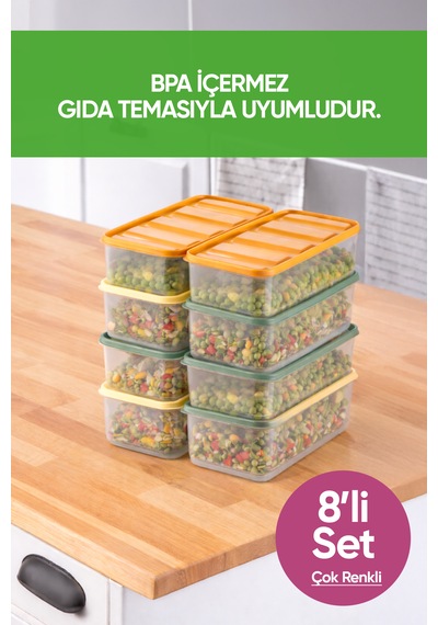 Vinoa 8'li 8x1.65 Litre Bpa Free Mikrodalga Ve Difrize Uygun Yıkanabilir Saklama Kabı Çok Renkli