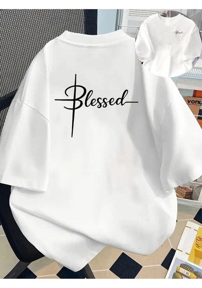 Uyguntarz Unisex Blessed Baskılı Tasarım Tshirt Beyaz