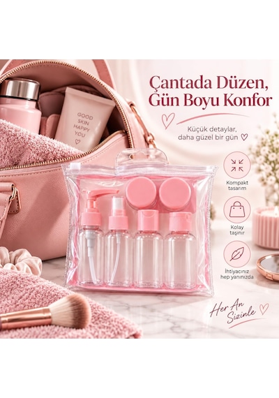Seyahat Şişe Seti 6 Parça, 4 Adet 60 Ml Şişe Ve 2 Adet 20 Ml Kavanoz, Pompalı Sprey Kapaklı Seyahat Kozmetik Seti, Seyahat Şişe Seti Pembe