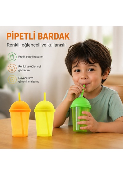 Pipetli Bardak - 450 Ml - Şeffaf Renkli - Plastik