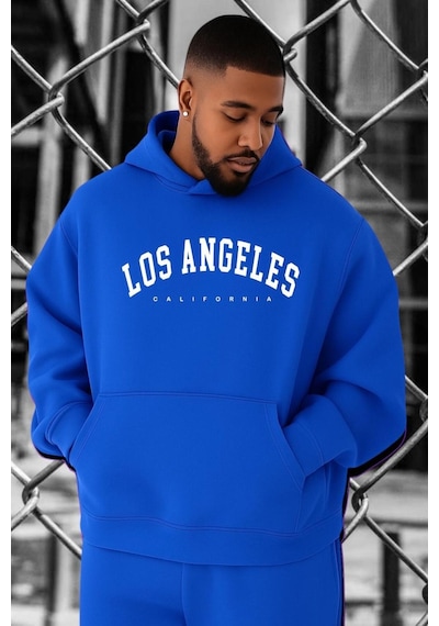 Benroma 3 İplik Penye Los Angeles Baskılı Büyük Beden Sweatshırt Saks Mavisi