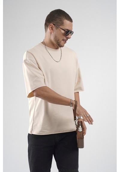 Oversize Kalıp Likralı Basic Tişört Bej