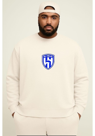 Benroma 3 İplik Penye Al Hılal Baskılı Büyük Beden Unisex Sweatshırt Beyaz
