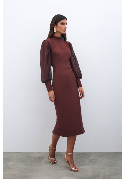 Sateen Midi Boy Kalem Etek - Kahve