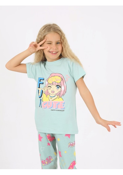 Kız Çocuk Kısa Kollu %100 Pamuklu Fun Cute Pijama Takımı Mint