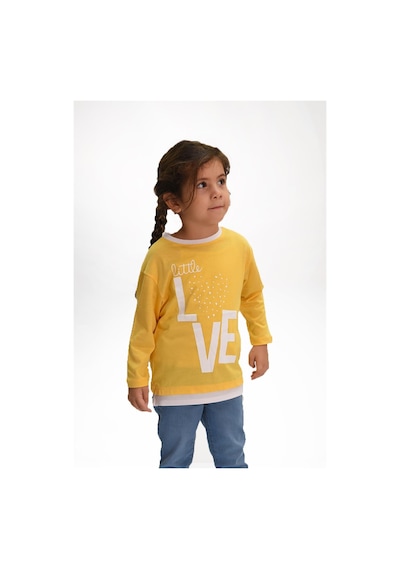 Luess Love Baskılı Garni Detaylı Uzun Kol Kız Çocuk T-shirt Sarı