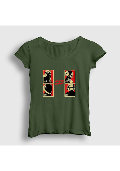 Presmono Kadın Band Daft Punk T-shirt Haki