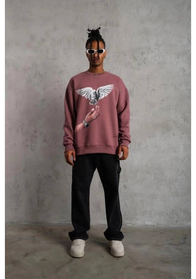 Freedom Storee Erkek Güvercin Baskılı Bisiklet Yaka Sweatshirt 3 İplik Pamuklu - Gül Kurusu Çok Renkli