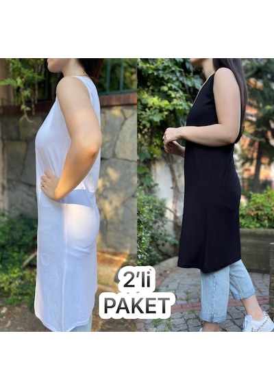 Kadın Sıfır Kol Penye Uzun Tunik İçlik Siyah Beyaz 2 Adet 001