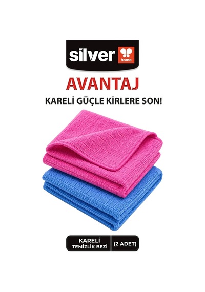 Silver Home Universal Kareli Mikrofiber Temizlik Bezi Mavi - Pembe 2'li 50 x 70 CM