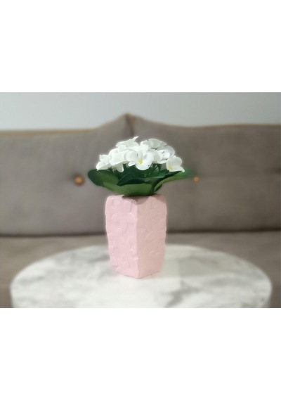 Vazoda Beyaz Yapay Çiçek Dekoratif Çiçekli Pembe Vazo Dahil 7 x 7 x 17 CM