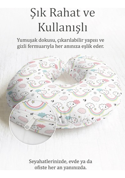 Pastel Gökkuşağı Bulut Desenli Boyun Yastığı - Sevimli Çocuk & Yetişkin Pembe Yeşil Seyahat Yastığı Doygun Gece Bal