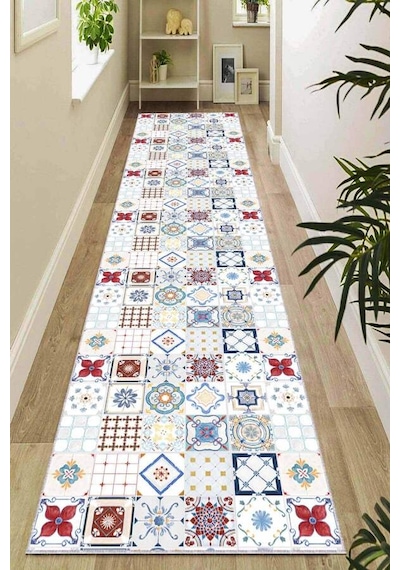 Kırmızı Kaymaz Çini Desen Kesme Rulo Özel Ölçü Yolluk Ar454n11