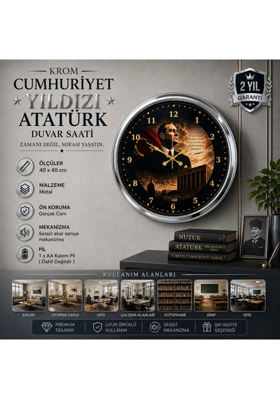 Krom Cumhuriyet Yıldızı 40 X 40 Cm Metal Atatürk Duvar Saati