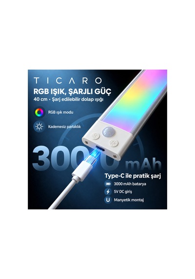 Tıcaro 40 Cm Rgb Sensörlü Şarjlı Led Dolap Işığı, 94 Led, 3000 Mah, 1 Adet Gümüş