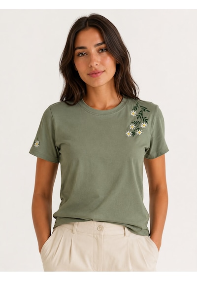 Yubistitch Tshirt Nakış İşlemeli Çiçek 6--yeşil