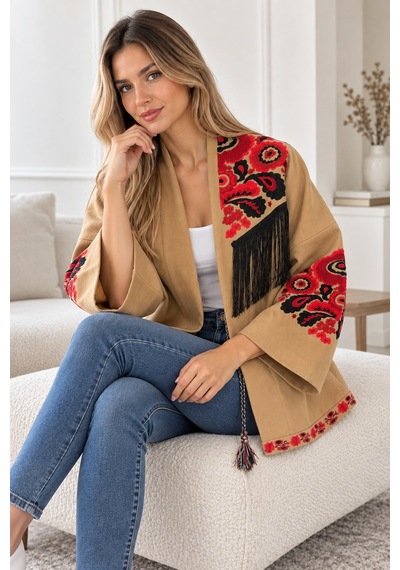 Lima Camel Kadın Nakışlı Ceket Etnik Desenli Püskül Detaylı Kimono Ceket