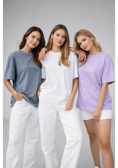 Kadın 3'lü Paket Antrasit-beyaz-lila %100 Pamuk Oversize Basic Tişört Bisiklet Yaka Relaxed T-shirt Hardal-saks Mavi-turkuaz