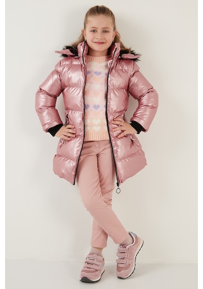 Lela Peluş Astarlı Yakası Suni Kürklü Çıkarılabilir Kapüşonlu Kışlık Kız Çocuk Mont 5761908 Pembe