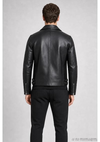 Freemen Erkek Slim Fit Çapraz Fermuarlı İçi Kürklü Suni Deri Ceket-421 Siyah
