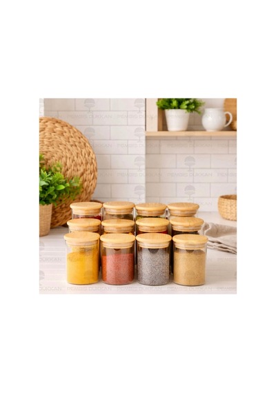 12'li 250ml Bambu Vakumlu Kapaklı Baharatlık Seti Baharatlık Kavanoz Takımı-11cmx6cm Diğer