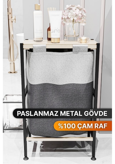 Bino Ahşap Raflı Keten Kumaşlı Banyo Düzenleyici Çamaşır Sepeti Siyah